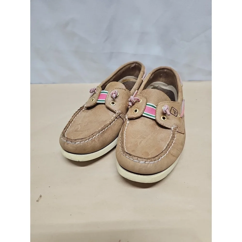 Sperry Topsiders Brown with Pink and‎ Green Stripe sz 8